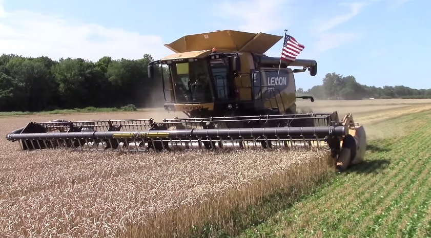 CLAAS Lexion 585R Combine harvesting winter wheat. -bigtractorpower-