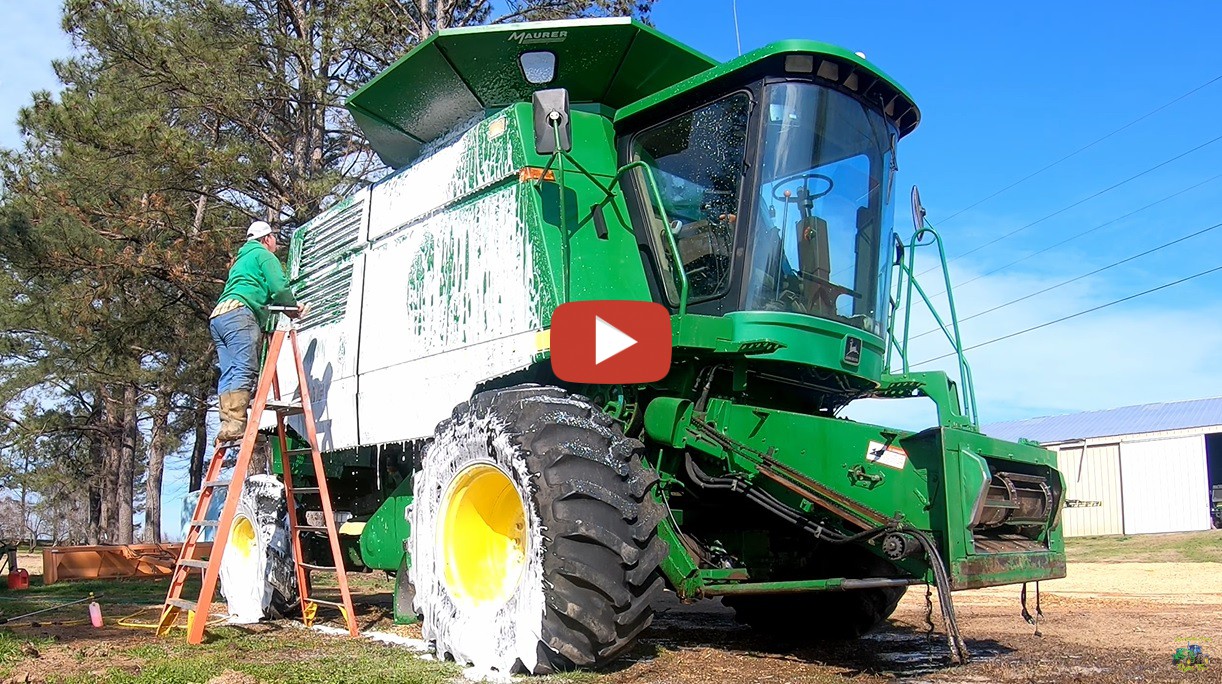 Dylan Joyce Farms Robert pulls the old 9400 combine out of the shed