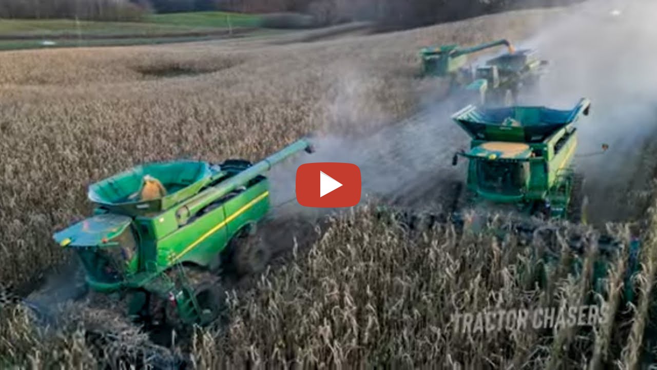 THREE John Deere Combines with Duals Harvesting Corn 2023. Tractor Chasers